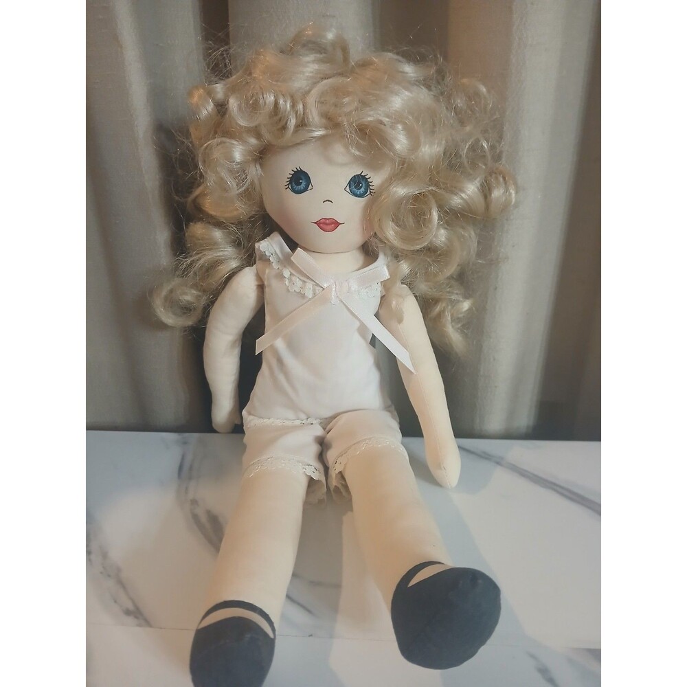 Rag & Cloth Girl Doll Blonde Straight Hair Blue Eyes White Outfit Lace Bow